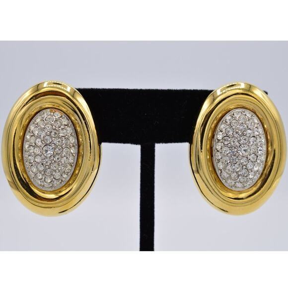 Givenchy Vintage Clip On Earrings Pave Crystal Gold Oval Chunky Signed 80s BinAF - Picture 1 of 12